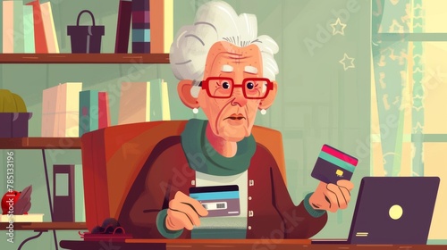 A flat illustration of an elderly woman making a bunch of online purchases using her credit card on the Internet photo