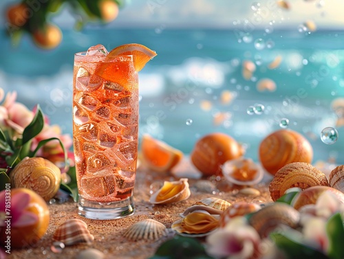 Summer coctail Aperol spritz in glass with oranges with water drops, on the sand with tropical sea and beach background