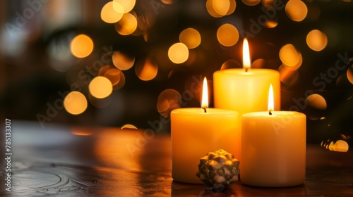 Warm candlelight with a festive bokeh effect background  creating a cozy and tranquil holiday atmosphere.