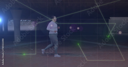 Image of data processing over plus size caucasian woman running in city street