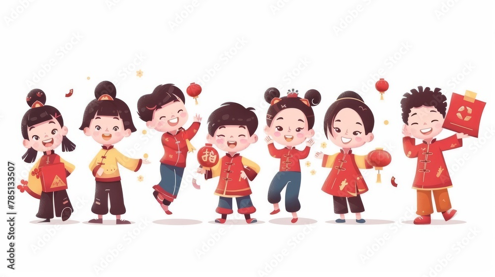 An illustration of Asian children celebrating Chinese New Year, each holding a different festive object, holds a big red envelope. An illustration of Asian children celebrating Chinese New Year, each holding a different festive object, holds a big red envelope.