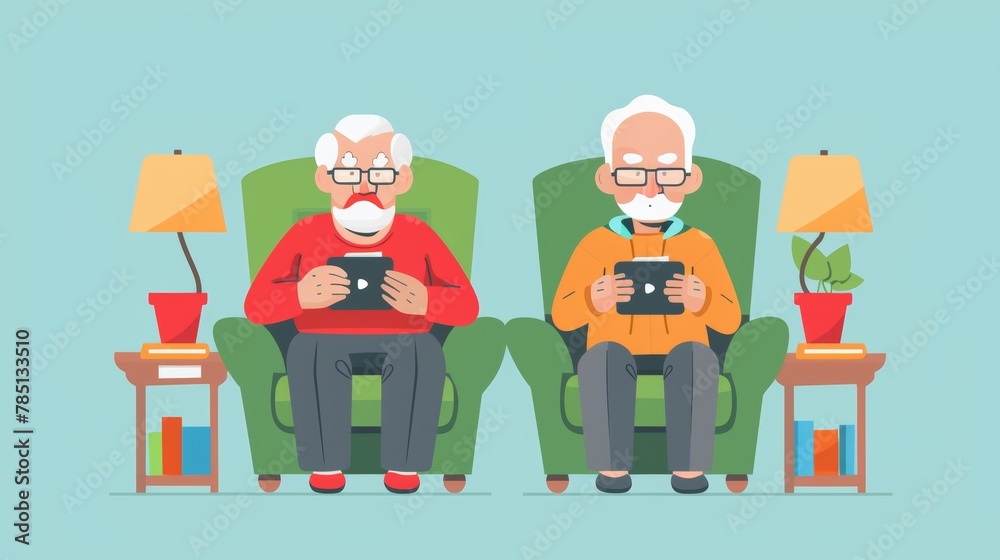 Texting online by elderly couples. Flat illustration of a couple using a digital device to send messages to each other on the Internet Texting online by elderly couples. Flat illustration of a couple using a digital device to send messages to each other on the Internet