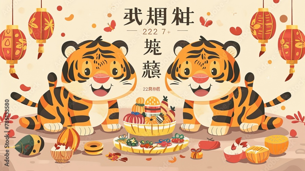 Naklejka premium This banner depicts two tigers greeting people with a row of Chinese New Year objects in front of them. Wishing you a prosperous New Year is written on the top.