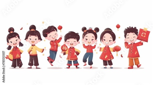An illustration of Asian children celebrating Chinese New Year  each holding a different festive object  holds a big red envelope.