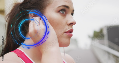 Image of data processing over plus size caucasian woman with earphones exercising in city