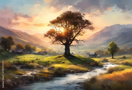 a lone tree sitting on a lush green hillside next to a river photo