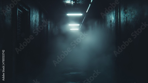 An atmospheric shot of a dark, fog-filled corridor illuminated by a series of fluorescent lights, creating a mysterious ambiance.
