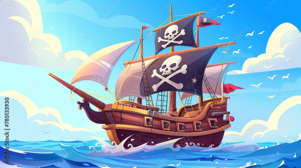 Illustration of a pirate ship sailing in sea waters. Modern illustration of an old wooden boat with cannons, a black flag and the Jolly Roger sign against the background of ocean waves.