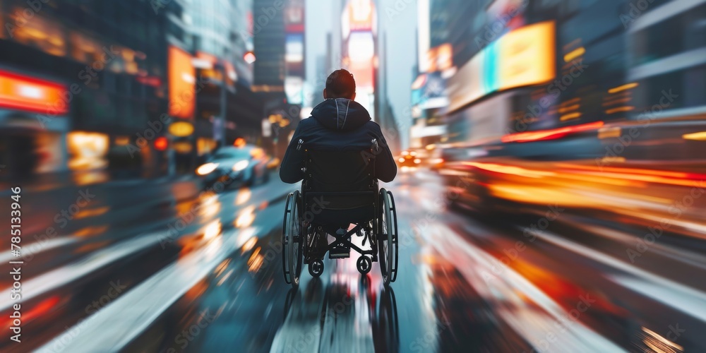 The city's pulse captured from the dynamic, street-level view of a person in a wheelchair.