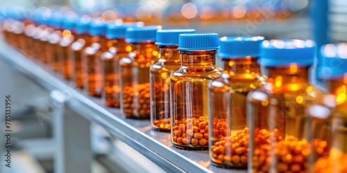Medicine production line at a pharmaceutical factory with orange pills in brown glass bottles.