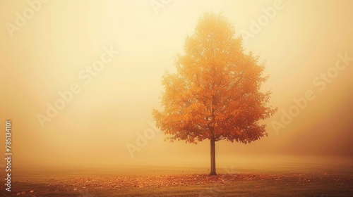 A single tree with vibrant orange leaves stands alone in a foggy, autumnal landscape.