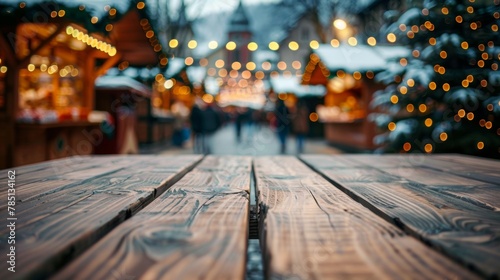 Empty wooden table with a festive Christmas market bokeh of lights in the background at twilight.