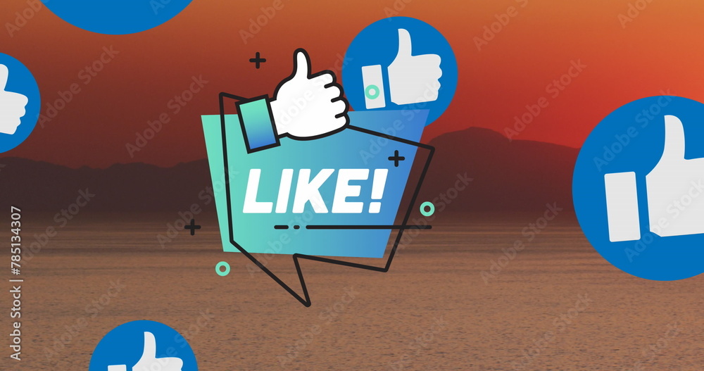 Naklejka premium Image of social media icons over sunset and sea landscape