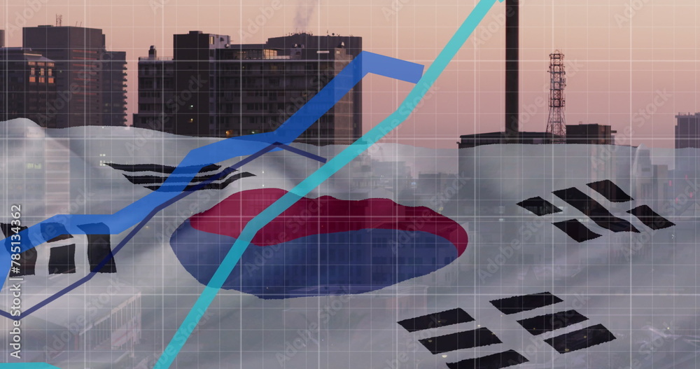Fototapeta premium Image of blue lines financial data processing, city over flag of south korea
