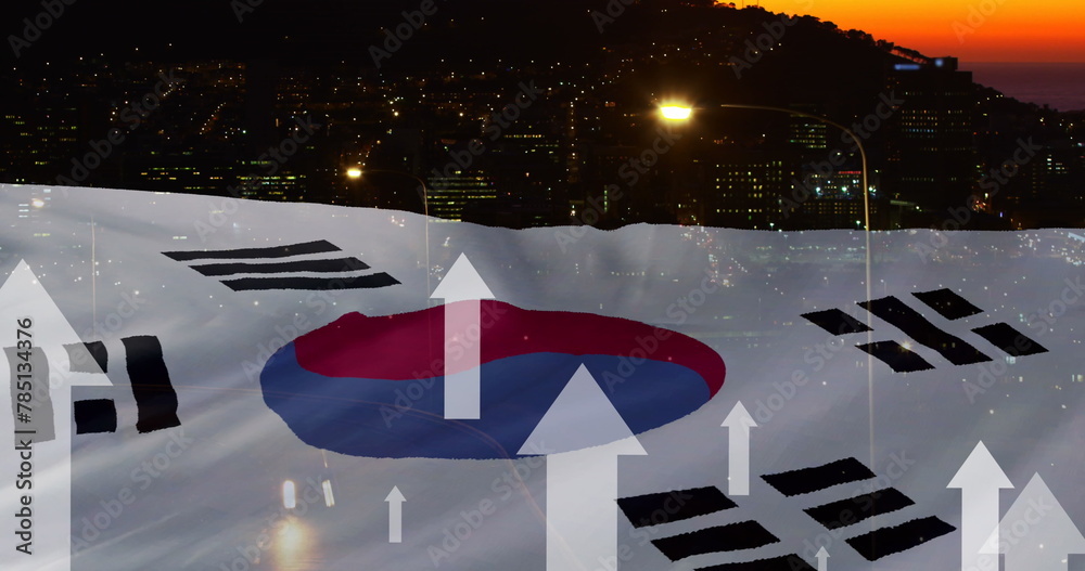 Fototapeta premium Image of white arrows and flag of south korea over city