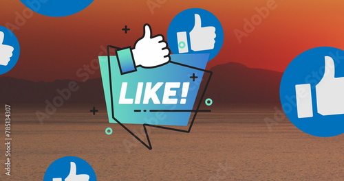 Image of social media icons over sunset and sea landscape