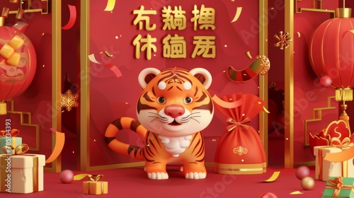 Chinese Lunar New Year banner. Illustration of a tiger with a folding screen and gifts. Chinese translation: welcoming the New Year.