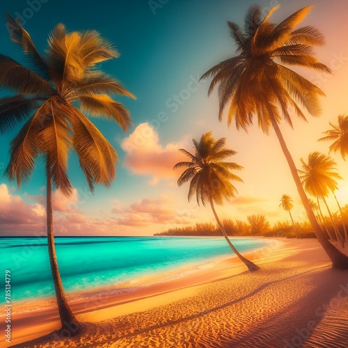 AI generated illustration of a tropical beach with palm trees at sunset