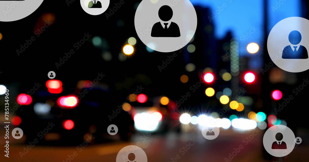 Obraz premium Image of profile icons over blurred vehicles stopped on red signal in street of city