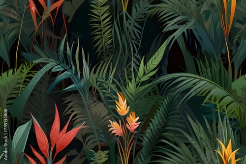 Motley grass. Tropical plants in the style of frescoes. Seamless pattern for interior printing. Generative AI