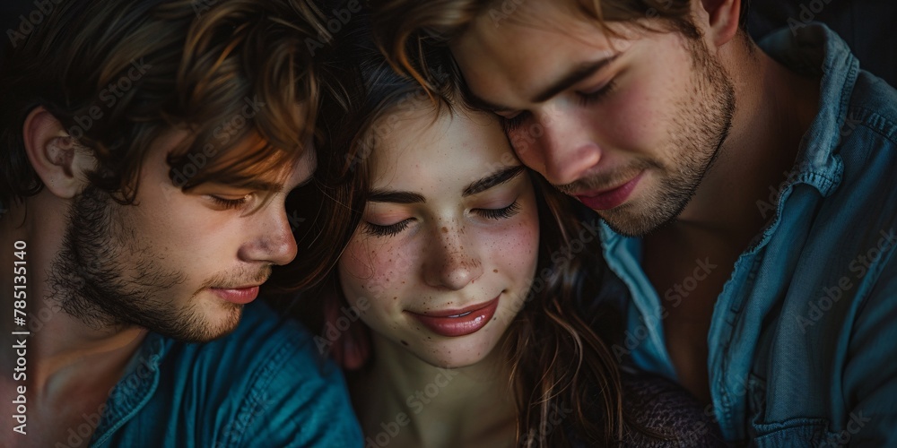 Three individuals engage in consensual and open polyamorous relationships, loving and connecting with multiple partners at the same time. Girl and two guys.