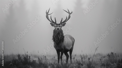 AI generated illustration of a monochrome image of a deer in the field