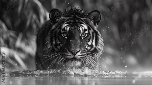 AI generated illustration of a monochromatic photo of a tiger walking on water under rain © Wirestock