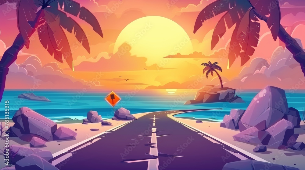 Modern cartoon illustration of tropical sunset on a highway leading to sea beach, with rocky stones and palm trees along the shoreline, an orange sunset sky in the background.