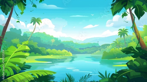 An illustration of a river in the jungle rainforest with grass, creepers, and wild amazonian scenery. A modern illustration of a lake with water in a tropical landscape. A rainforest game scene