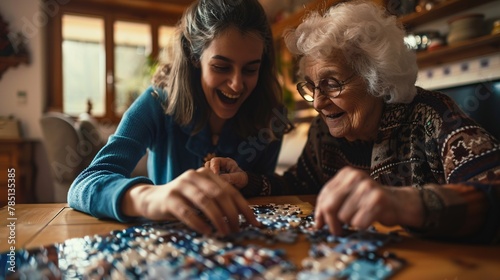 Cheerful woman helping elderly lady with puzzle at residence.
