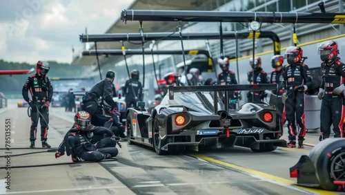 Professional pit crew ready for action as their team's race car arrives in the pit lane during a pitstop of a car race, concept of ultimate teamwork
 photo