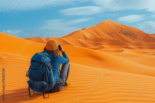 AI generated illustration of a person capturing desert scenery on a smartphone, experiential travel photo