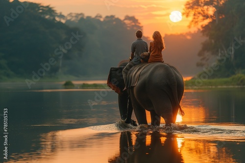 AI generated illustration of tourists enjoy an elephant ride on the water, experiential travel photo