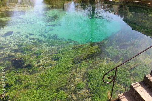Villecomte près de Dijon : escalier descendant dans le bassin du Creux Bleu avec ses algues