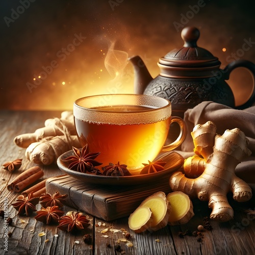 Tea with lemon, orange ginger, cinnamon, fennel, honey and garlic photo