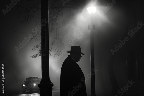 AI generated illustration of a man standing by a street lamp on a foggy night in grayscale