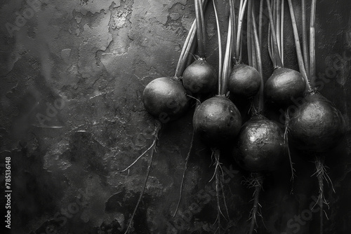 AI generated illustration of fresh radishes on a table in grayscale