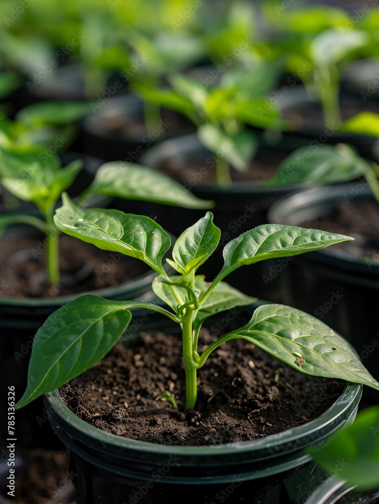 Small immature plants of verdant capsicum are sprouting in circular plastic containers filled with earth, centered on the theme of horticulture and cultivating produce. Small immature plants of verdant capsicum are sprouting in circular plastic containers filled with earth, centered on the theme of horticulture and cultivating produce.