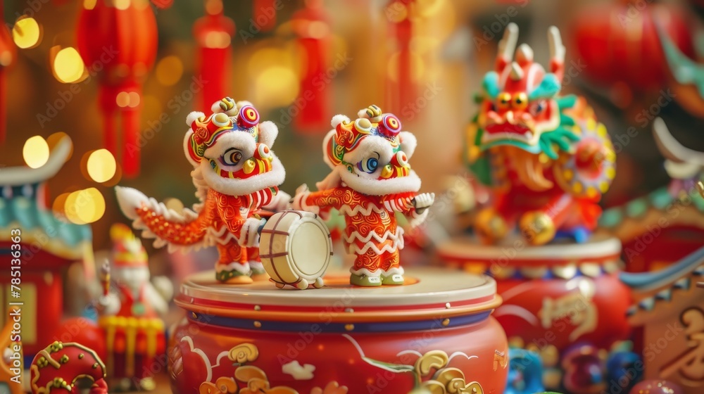 Fototapeta premium This is a Chinese folk religion activity depicting miniature young men doing dragon and lion dances on a large drum along with other holiday-related objects. Translation: Chinese New Year temple