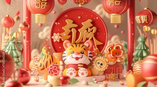 Chinese calligraphy illustration of a big red couplet written in Chinese calligraphy surrounded by a tiger and Spring Festival objects.