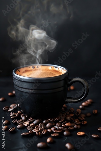 A black cup of coffee with smoke rising from the top, surrounded by scattered dark brown beans The background is pitchblack and theres an intense glow coming out of one side of the bottom right corner photo