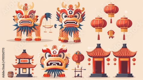 An isolated Chinese local folk religion activity element, including dragon and lion dance, drum instrument, and temple gate, on a beige background