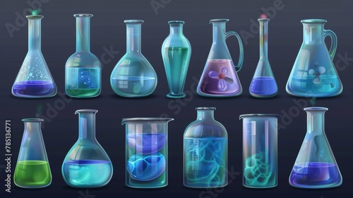 Detailed set of lab glassware isolated on transparent background. Modern illustration of lab retorts, conical flasks, graduated containers for scientific experimentation.