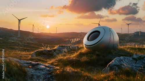 A futuristic image featuring a cutting-edge, wind-powered generator model