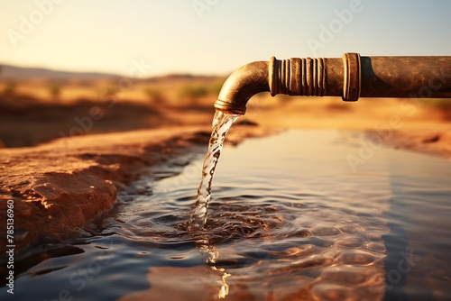 Pouring water from the tap in the desert. Selective focus