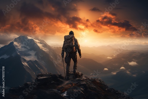 Man standing on top of a mountain and looking at the sunset. © Creative