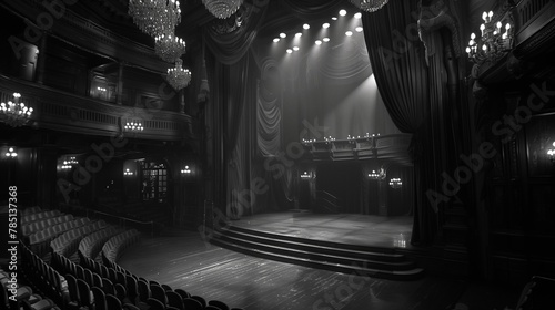 empty theater auditorium with chairs and chandeliers lights and curtains photo