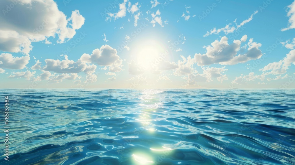Fototapeta premium Fisheye view of ocean surface under the blue sky with the sun shining down on it in the daytime.