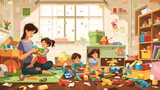 The mother and her children are in an untidy child room cartoon. A child is playing with a toy indoors. Home playroom interior for hyperactive preschoolers or kindergarteners.
