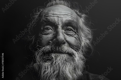 AI generated illustration of an elderly man with a beard standing by a dark wall